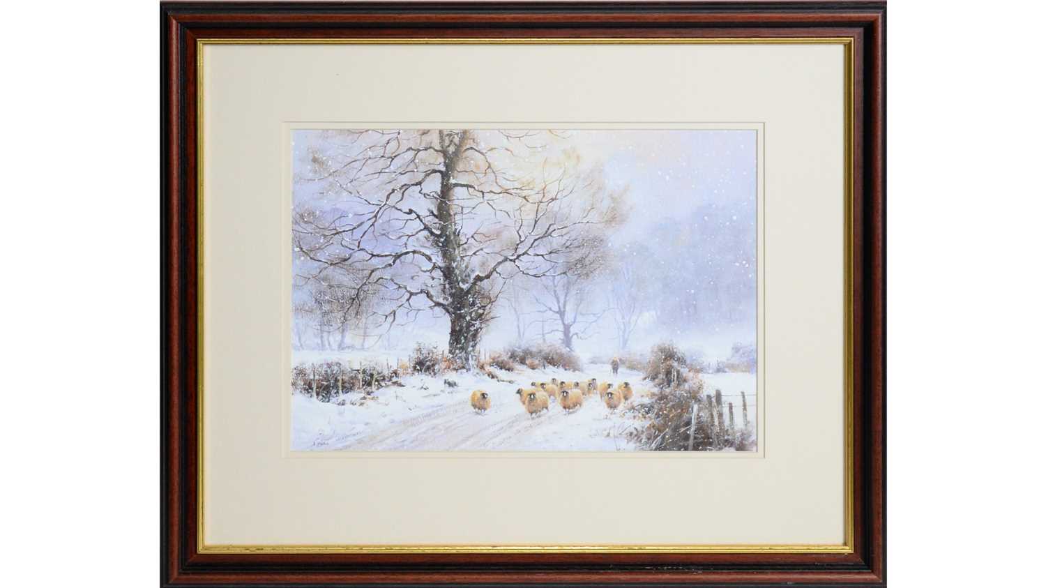 Lot 100 - Joe Hush - Pauperhaugh, Northumberland; sheep driving in a snow-storm | acrylic