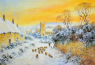 Lot 282 - Joe Hush - Snowy Golden Hour Wintertime Views; with donkeys and sheep | acrylic