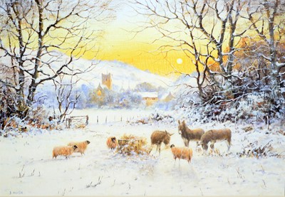Lot 282 - Joe Hush - Snowy Golden Hour Wintertime Views; with donkeys and sheep | acrylic