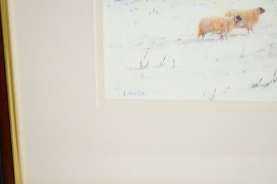 Lot 101 - Joe Hush - Snowy Golden Hour Wintertime Views; with donkeys and sheep | acrylic