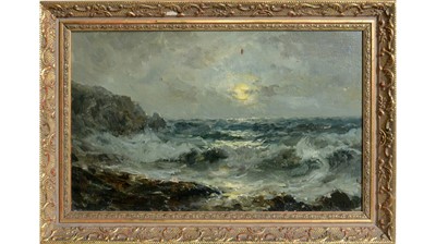 Lot 944 - John Falconar Slater - Waves and Rocks in Moonlight | oil