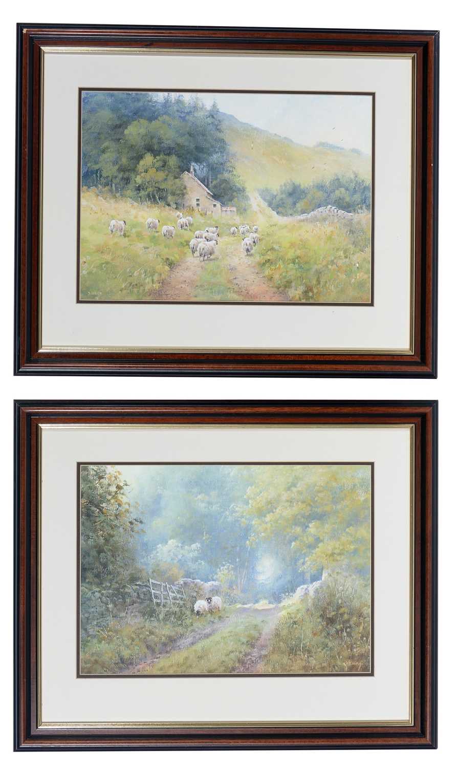 Lot 100 - Joe Hush - Squirrel Lane and Shepherds Cottage; tranquil summertime scenes | acrylic