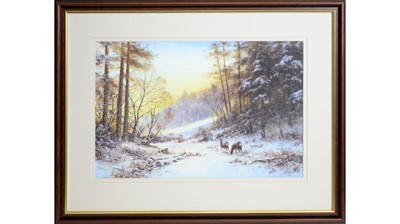 Lot 283 - Joe Hush - Winters Evening; a pair of deer in the shadow of a sunset | acrylic