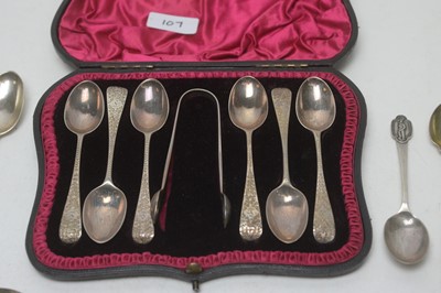 Lot 107 - A cased silver set of six teaspoons and tongs; and other spoons