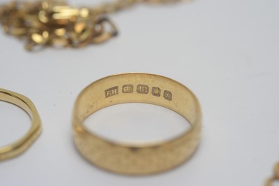 Lot 176 - Two 18ct yellow gold rings, and a chain with pendant