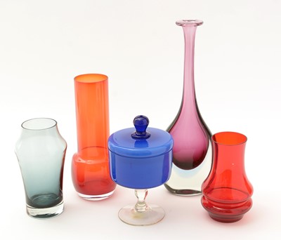 Lot 435 - Murano vase, three mid century glass vases and a covered bonbon dish