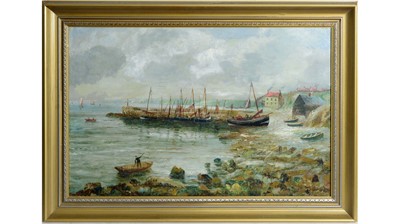 Lot 974 - Bernard Benedict Hemy - Highland Coastal View with Pebbled Beach and Boats | oil