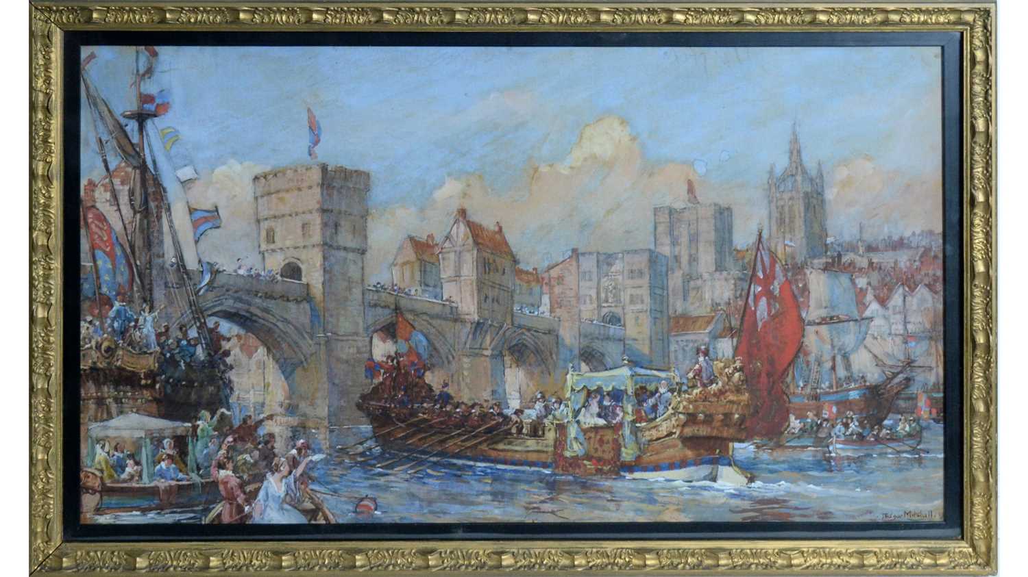 Lot 839 - John Edgar Mitchell - A Royal Procession by Barge Beneath Newcastle Tyne Bridge | watercolour
