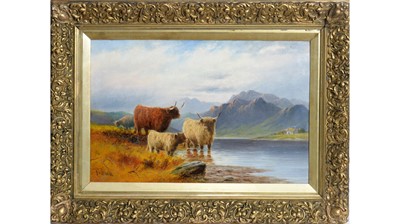 Lot 109 - John Davison Liddell - Highland Cows in the Shallows of a Loch | oil