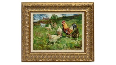 Lot 1138 - John Falconar Slater - A Flock of Chickens in a Blustery Meadow | oil