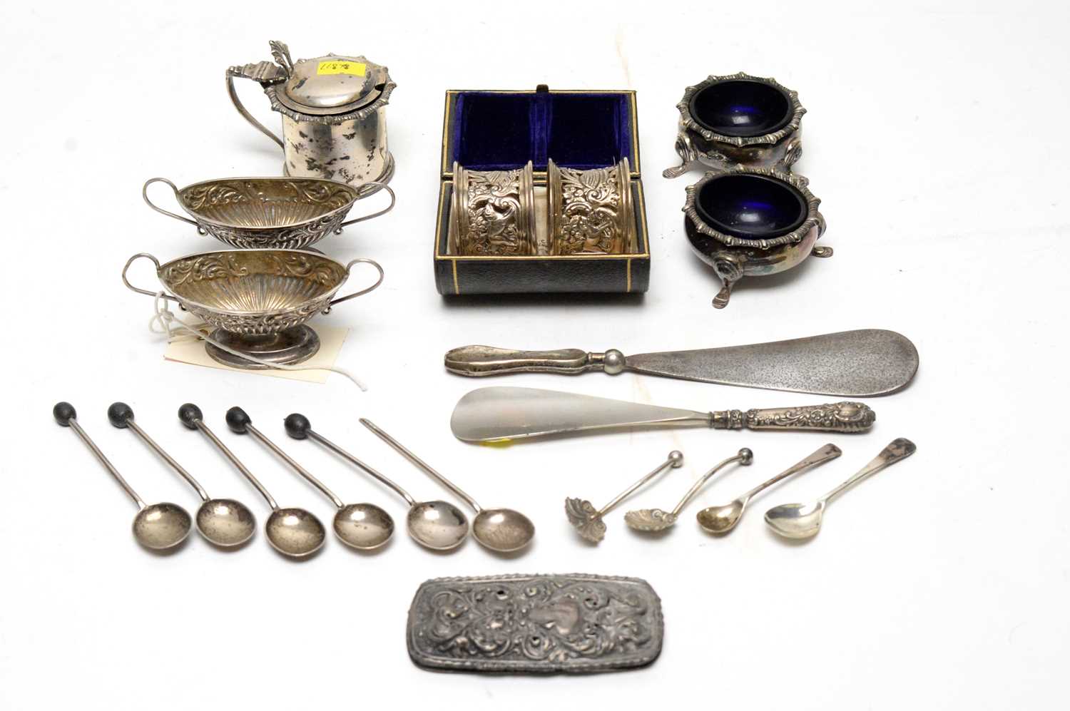 Lot 176 - A pair of silver napkin rings and other items of silver and metalware