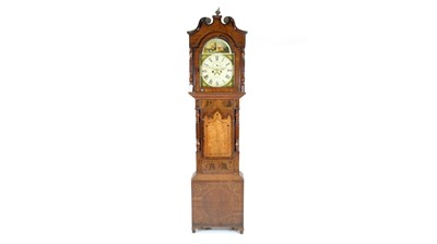 Lot 1214 - Matthews, Oswestry: a Victorian inlaid oak and mahogany banded longcase clock.