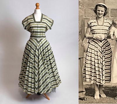 Lot 835 - A 1950s Horrockses printed cotton day dress | in a yellow rosebud bayadere pattern