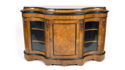 Lot 1349 - An attractive Victorian inlaid burr walnut and ebonised bowfront credenza.