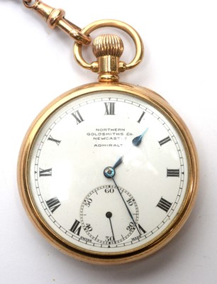 Lot 84 - A 9ct yellow gold cased open-faced pocket watch, by Nothern Goldsmiths Co, on Albert chain