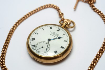 Lot 84 - A 9ct yellow gold cased open-faced pocket watch, by Nothern Goldsmiths Co, on Albert chain