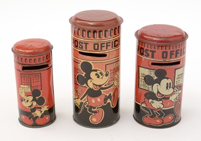 Lot 394 - Mickey Mouse: three graduated tinplate postbox money boxes.
