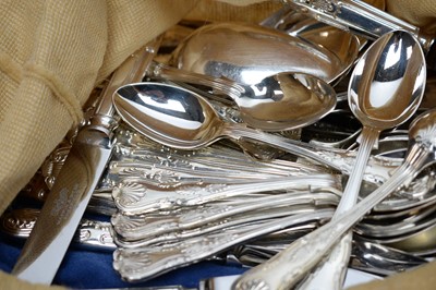 Lot 382 - A suite Mappin & Webb Kings pattern silver plated cutlery; and eight silver plated serving plates