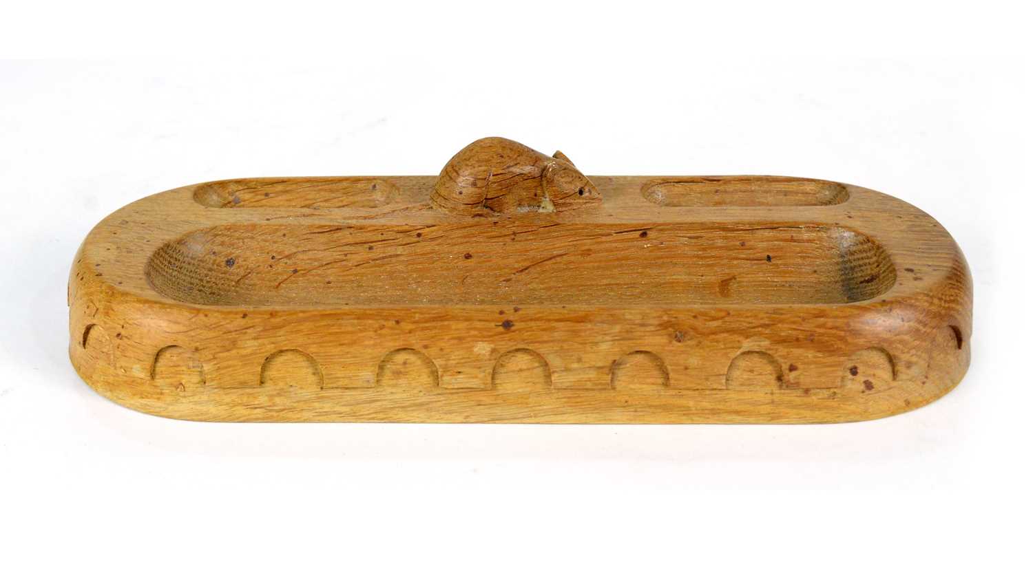 Lot 1263 - Workshop of  Robert 'Mouseman' Thompson (Kilburn): an oak pen tray.