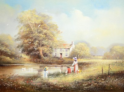 Lot 769 - Ted Dyer - Net Fishing in the Countryside; a pair of idyllic views | acrylic