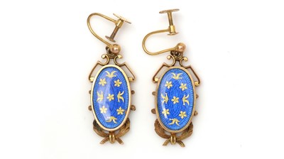 Lot 485 - A pair of enamel and 9ct yellow gold earrings