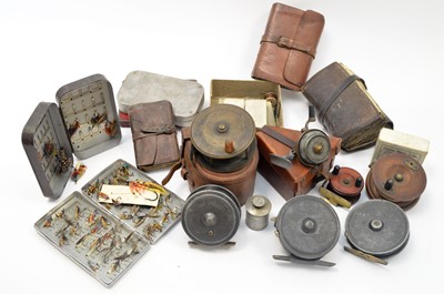 Lot 656 - A selection of North Eastern fishing reels and flies in cases