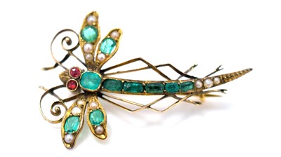 Lot 492 - An emerald and pearl dragonfly brooch