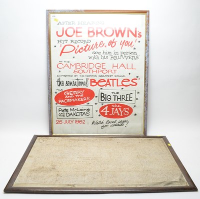 Lot 438 - An early 1960s Joe Brown and the Beatles band poster; and a framed indenture