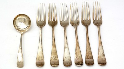 Lot 608 - A set of six Edward VII silver table forks, and a sauce ladle