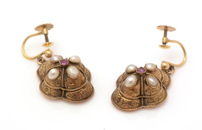 Lot 344 - A pair of Victorian 9ct yellow gold, ruby and pearl earrings