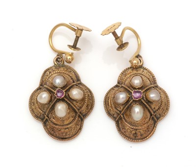 Lot 344 - A pair of Victorian 9ct yellow gold, ruby and pearl earrings