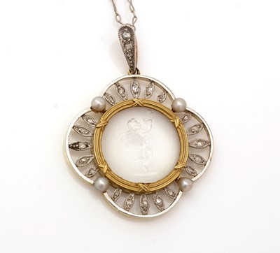 Lot 495 - A Fine Edwardian moonstone intaglio, diamond and pearl pendant