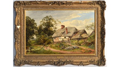 Lot 1013 - David Bates - Rural Idyll with Thatched Cottage | oil