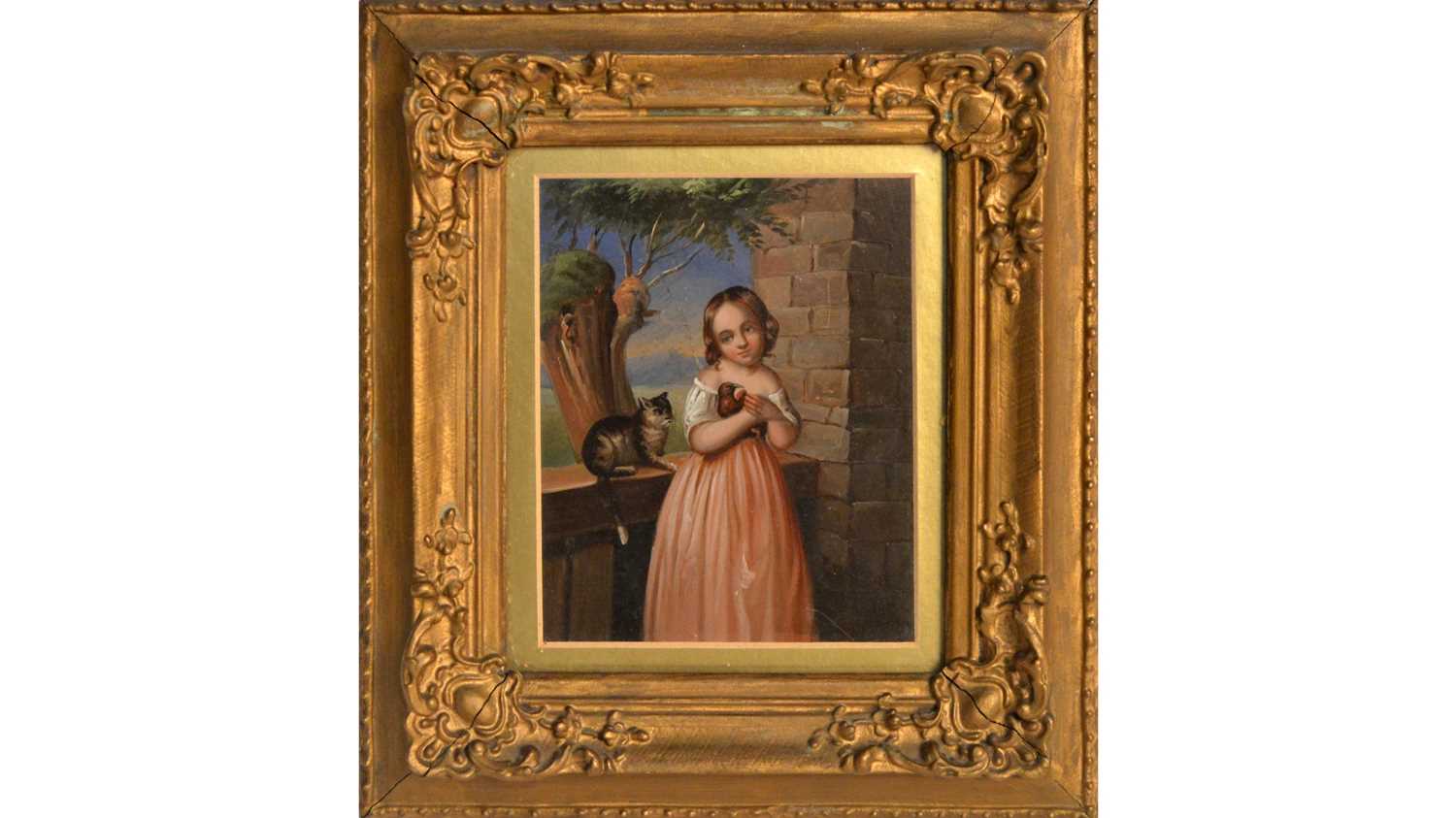 Lot 924 - 19th Century British School - Portrait of a Young Girl Holding a Bird from a Cat | oil