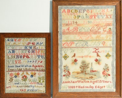 Lot 251 - Two Victorian needlework samplers by Annie Jane Walton, at Medomsley Edge