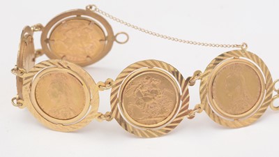 Lot 172 - Five gold sovereigns in 9ct yellow gold bracelet mount