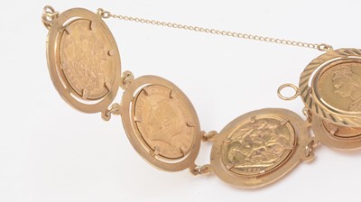 Lot 172 - Five gold sovereigns in 9ct yellow gold bracelet mount