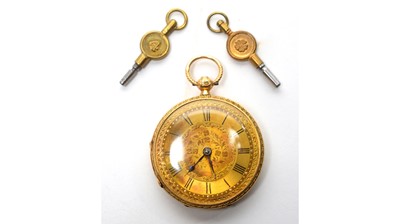 Lot 182 - An 18ct yellow gold cased open faced fob watch, by Scales Brothers