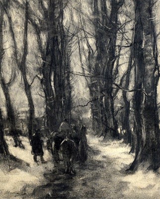 Lot 53 - 19th Century Continental School - Horseback Riding Through a Frozen Forest | charcoal