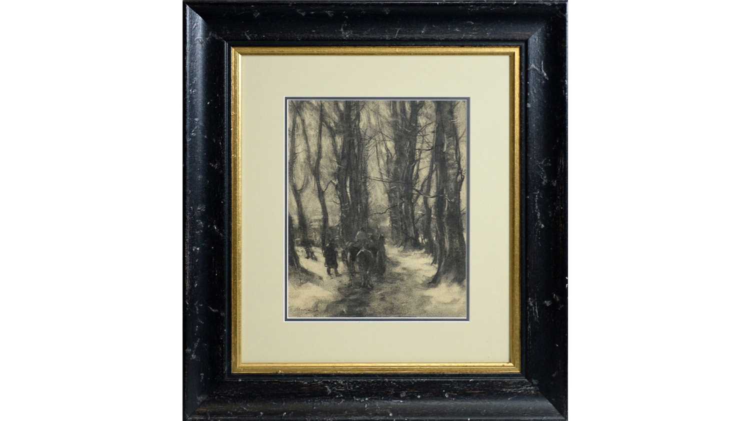 Lot 53 - 19th Century Continental School - Horseback Riding Through a Frozen Forest | charcoal