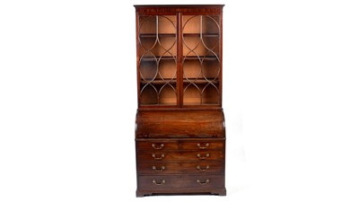 Lot 1155 - Georgian mahogany cylinder bureau bookcase