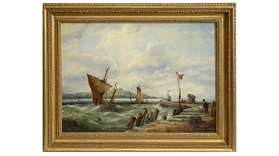 Lot 681 - John James Wilson - Fishing Boats off Shore & Fisher-Folk on a Jetty in Blustery Weather | oil
