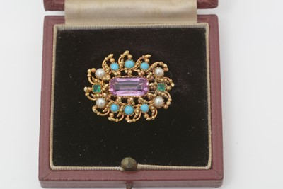 Lot 484 - A Victorian tourmaline, turquoise, pearl and emerald brooch