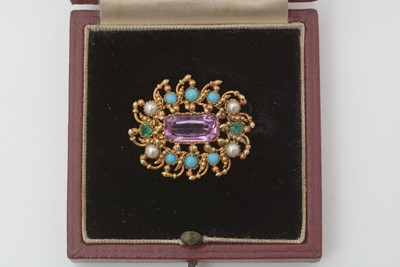 Lot 484 - A Victorian tourmaline, turquoise, pearl and emerald brooch