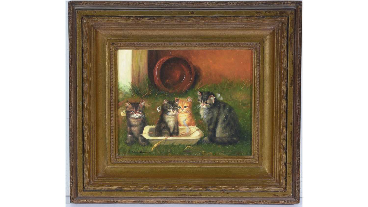 Lot 809 - A. Malive - Four Kittens Playing with Ribbon | oil