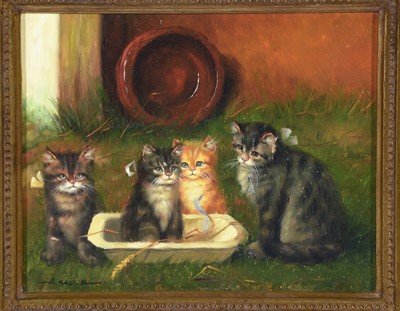 Lot 809 - A. Malive - Four Kittens Playing with Ribbon | oil