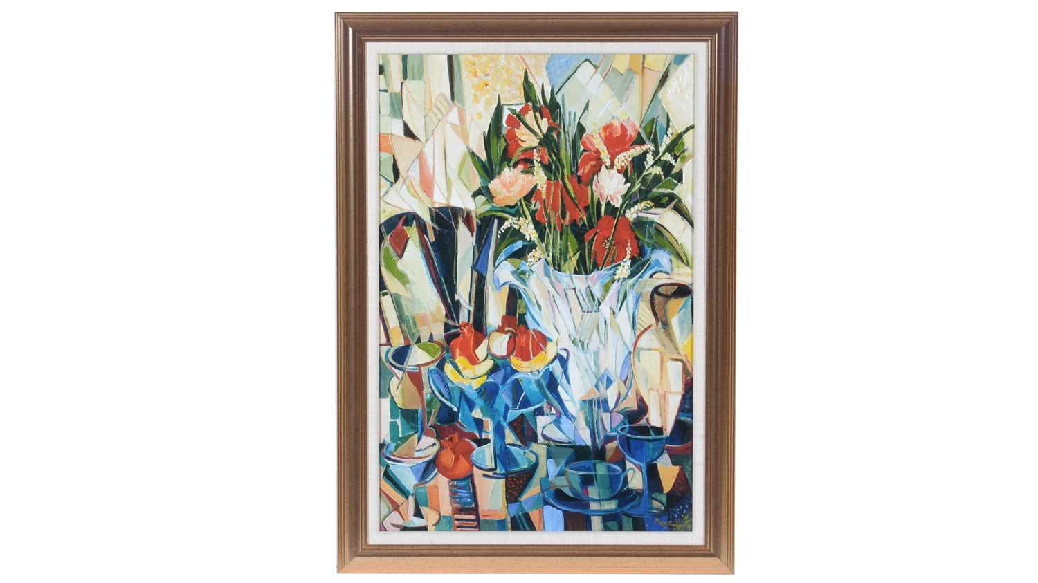 Lot 130 - Sadegh Aref - Cubist Still Life with Poppies and Pomegranates | giclee