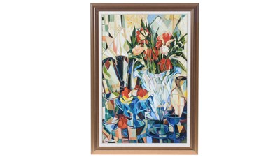 Lot 130 - Sadegh Aref - Cubist Still Life with Poppies and Pomegranates | giclee
