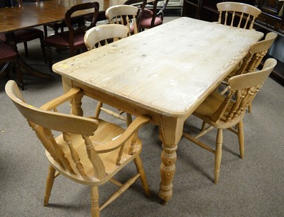 Lot 77 - Victorian-style kitchen table; and a set of six solid seat kitchen chairs.