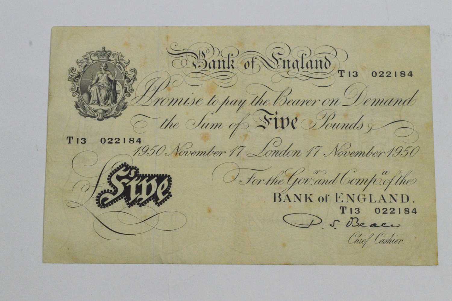 Lot 802 - Bank of England, White Five Pounds 1950